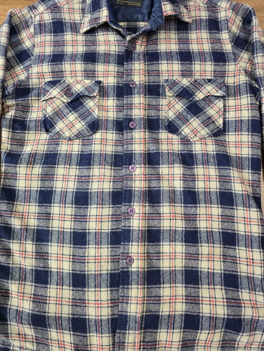 VTG 70s 80s Vanert Wool Blend Shacket Plaid Blue Beige Quilted Lined Medium